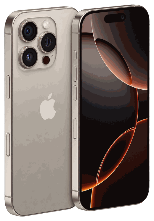 iPhone w kolorze tytanu naturalnego – widok tyłu z aparatami i przodu z ekranem